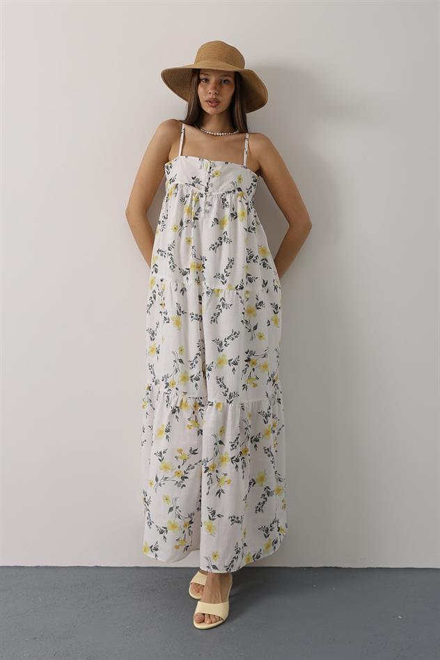 çiçek desen askı detaylı cok katlı elbise - Sarı