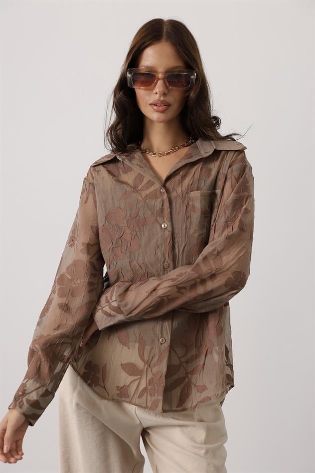 ÇİCEK DESEN OVERSİZE GÖMLEK - Kahve