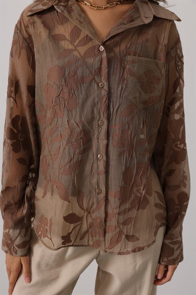 ÇİCEK DESEN OVERSİZE GÖMLEK - Kahve