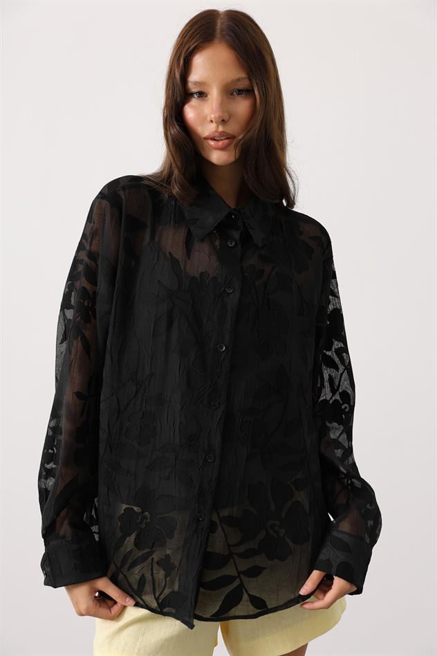 ÇİCEK DESEN OVERSİZE GÖMLEK - Siyah