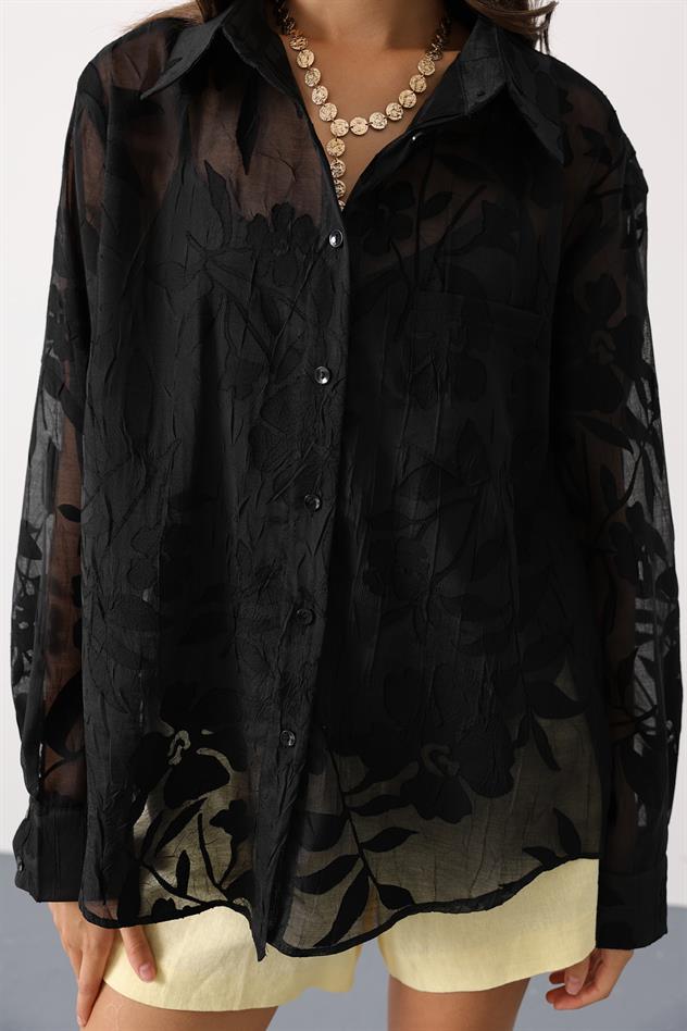 ÇİCEK DESEN OVERSİZE GÖMLEK - Siyah