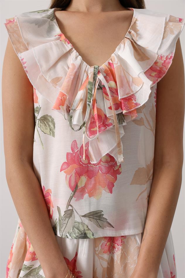 ÇİÇEK DESEN YAKASI FIRFIRLI BLUZ - Pembe