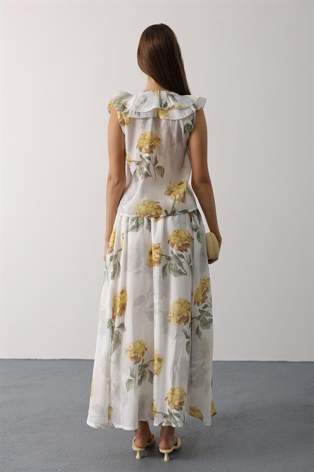 ÇİÇEK DESEN YAKASI FIRFIRLI BLUZ - Sarı