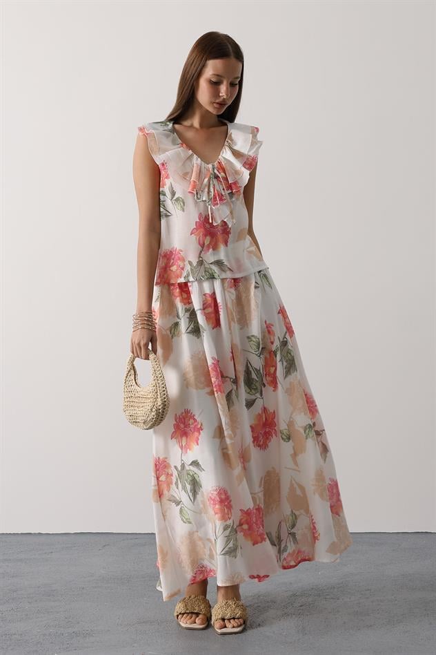 ÇİÇEK DESEN YAKASI FIRFIRLI BLUZ - Pembe