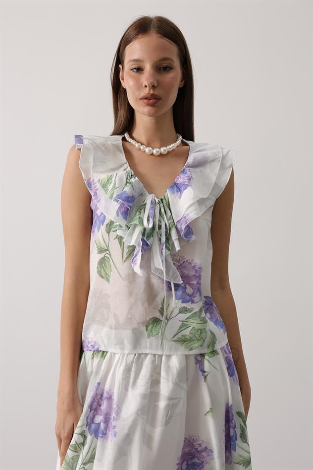 ÇİÇEK DESEN YAKASI FIRFIRLI BLUZ - Lila