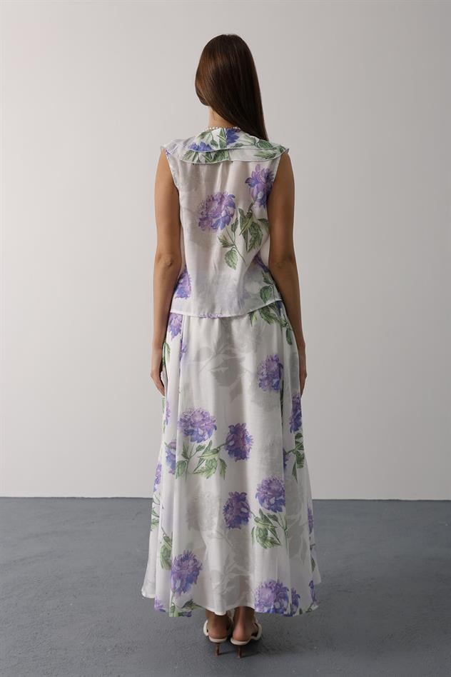 ÇİÇEK DESEN YAKASI FIRFIRLI BLUZ - Lila