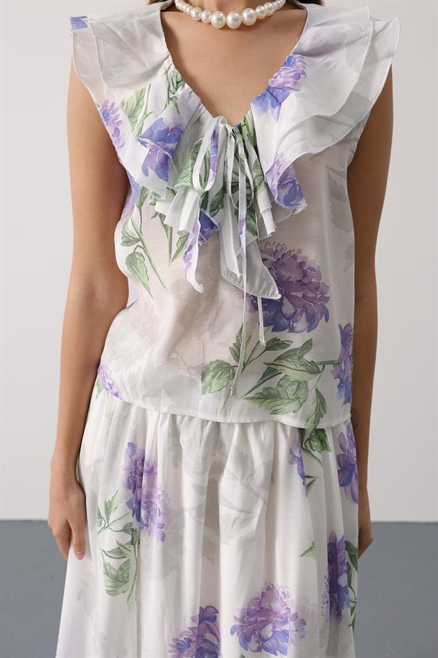 ÇİÇEK DESEN YAKASI FIRFIRLI BLUZ - Lila