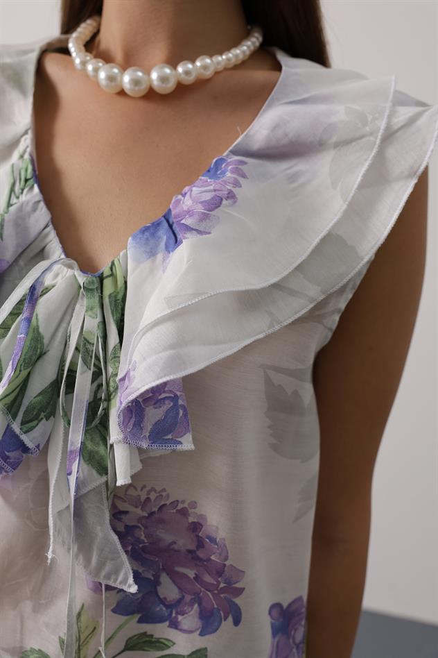 ÇİÇEK DESEN YAKASI FIRFIRLI BLUZ - Lila