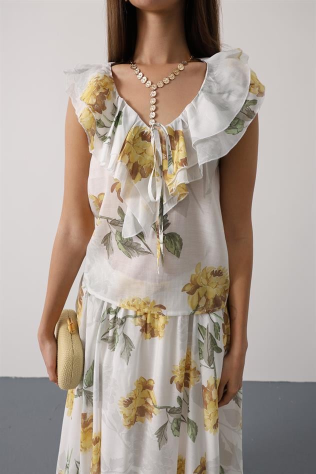 ÇİÇEK DESEN YAKASI FIRFIRLI BLUZ - Sarı