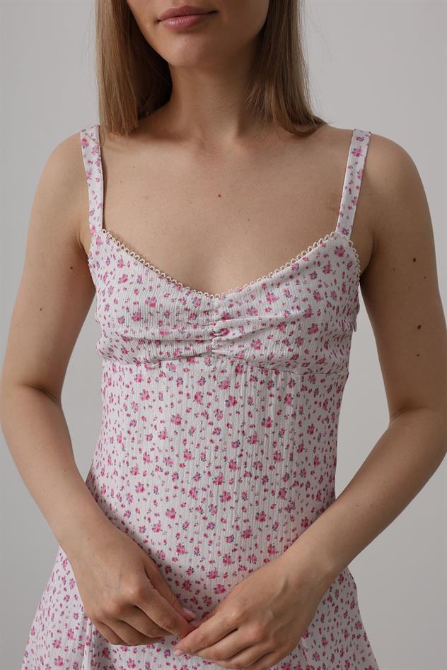 Çiçek Desenli Askılı Elbise - Pembe