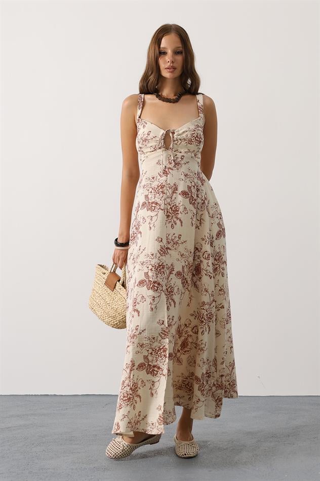 Çicek desenli askılı müslin - Kahve