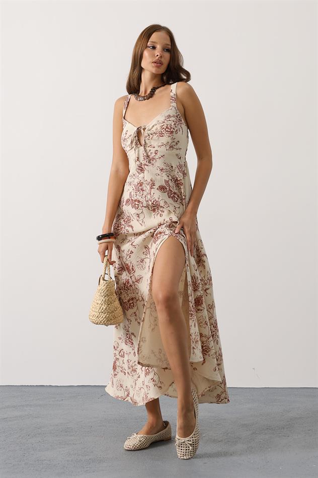 Çicek desenli askılı müslin - Kahve