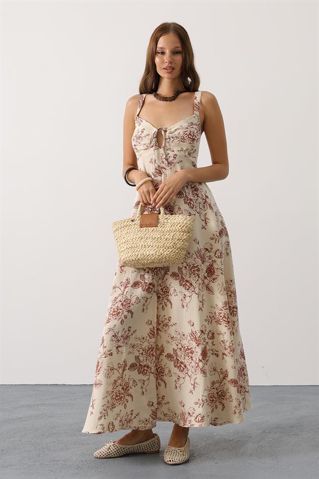 Çicek desenli askılı müslin - Kahve