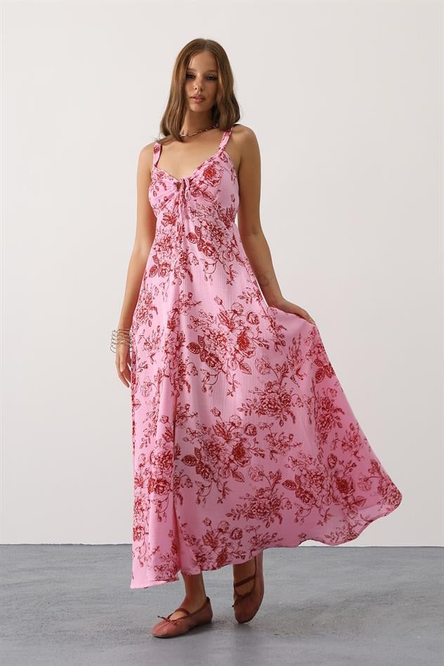 Çicek desenli askılı müslin - Pembe