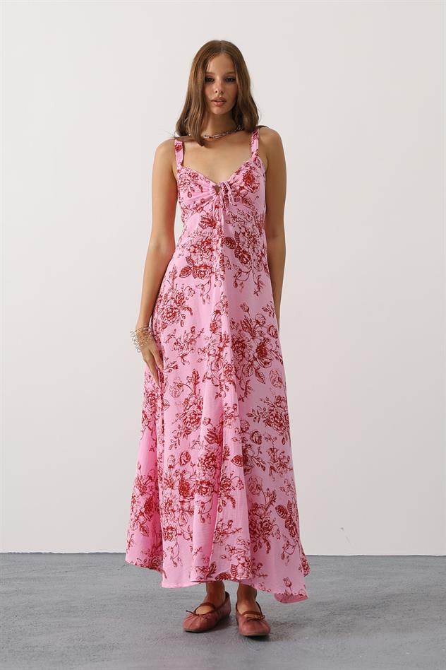 Çicek desenli askılı müslin - Pembe