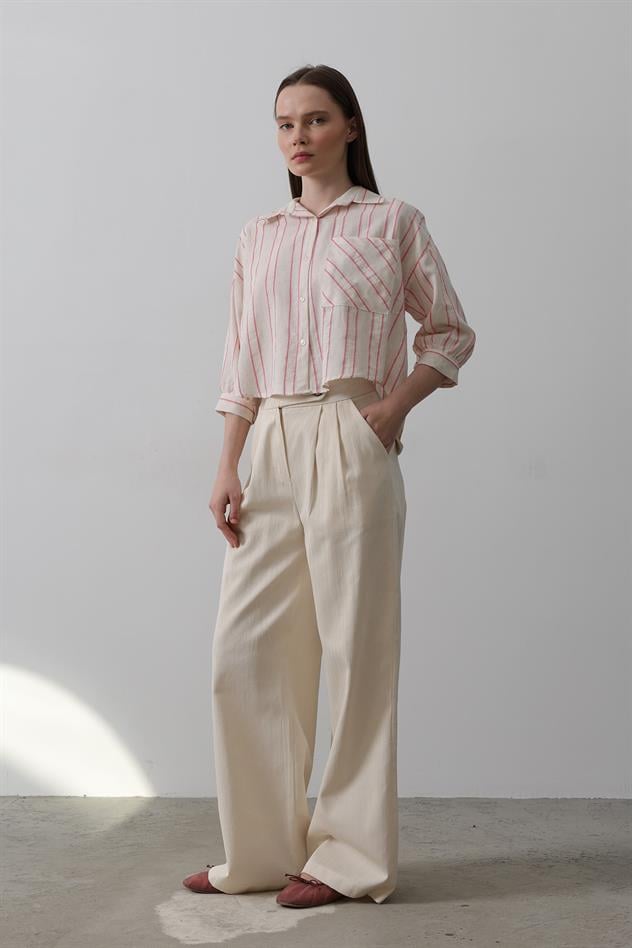 Çift Pileli Palazzo Pantolon - Natür