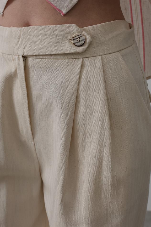 Çift Pileli Palazzo Pantolon - Natür
