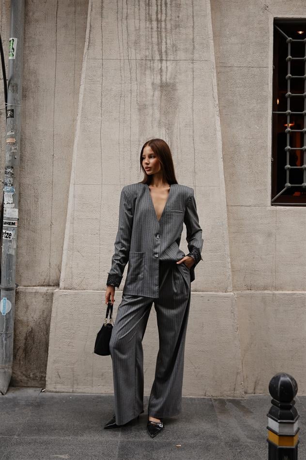 ÇİZGİ DESEN DANTEL DETAYLI OVERSİZE CEKET - Gri