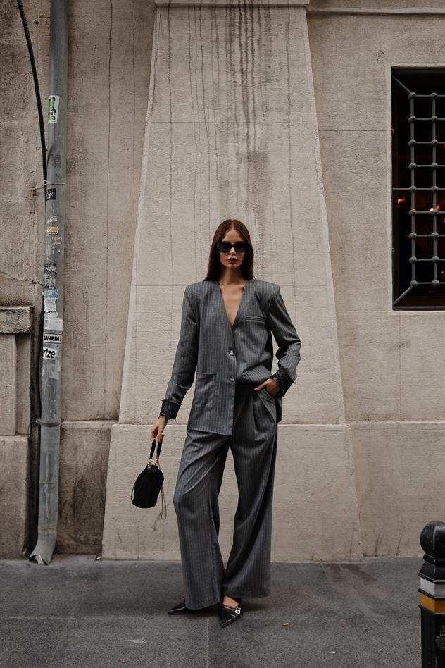 ÇİZGİ DESEN DANTEL DETAYLI OVERSİZE CEKET - Gri