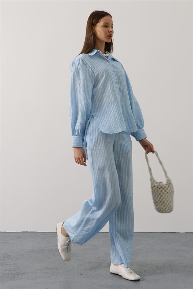 Çizgi Rahat Pantolon Takım - Mavi