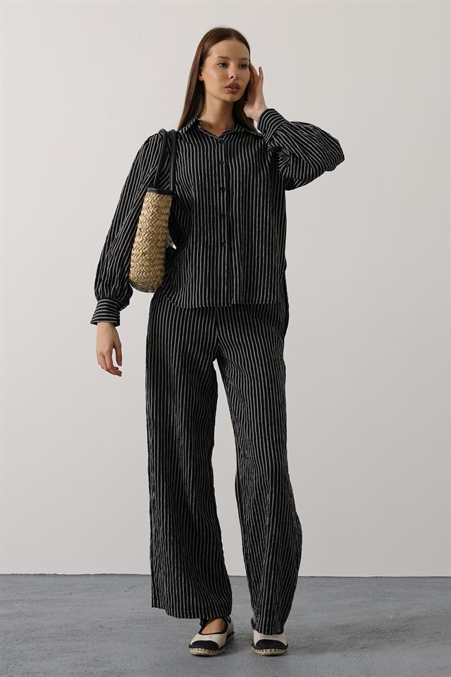 Çizgi Rahat Pantolon Takım - Siyah