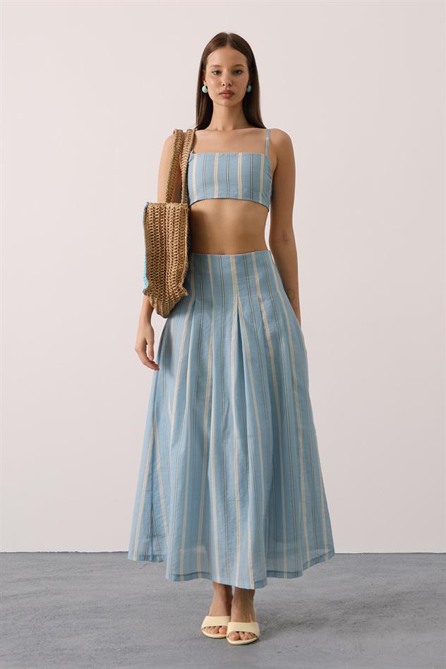 ÇİZGİLİ DESEN ETEKLİ TAKIM - Mavi