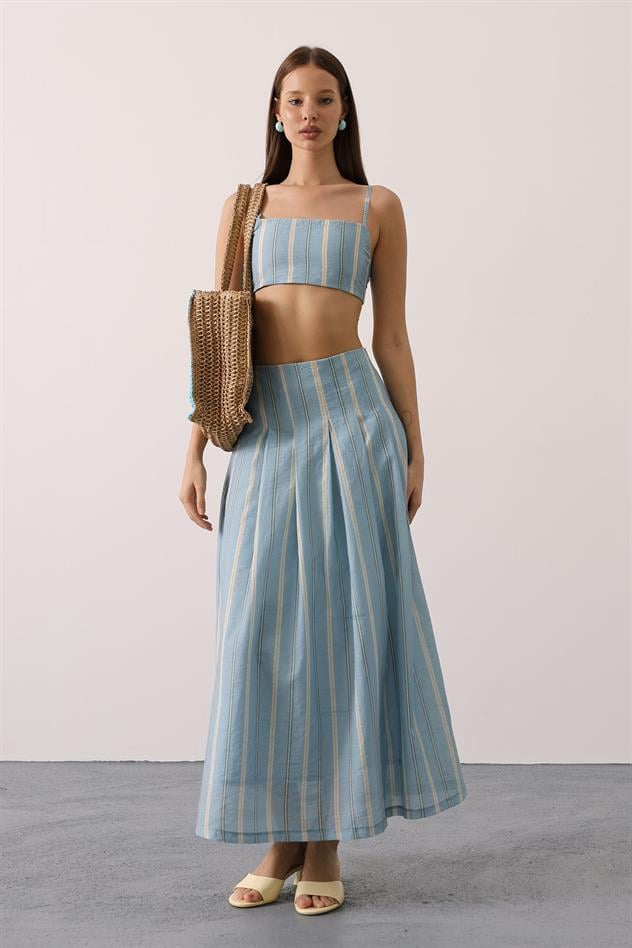 ÇİZGİLİ DESEN ETEKLİ TAKIM - Mavi