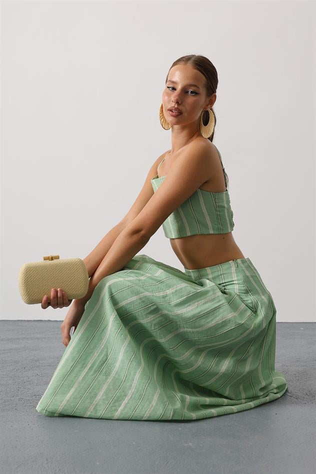 ÇİZGİLİ DESEN ETEKLİ TAKIM - Yeşil