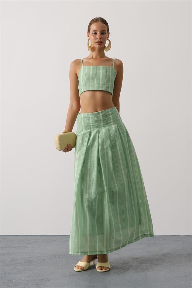 ÇİZGİLİ DESEN ETEKLİ TAKIM - Yeşil