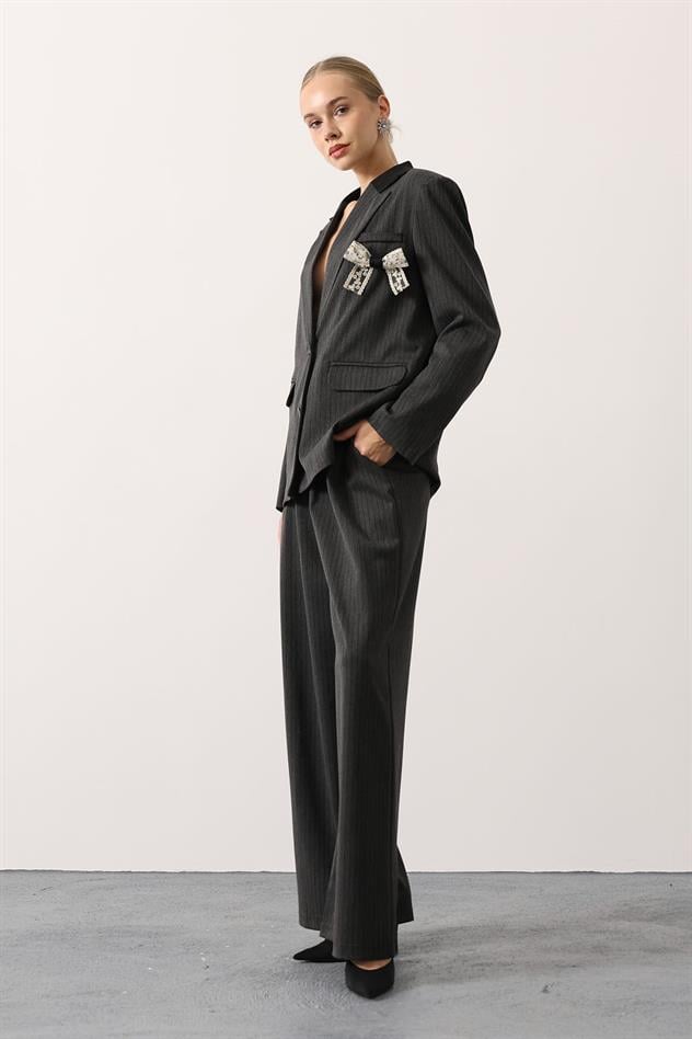 ÇİZGİLİ FİYONK DETAYLI TAKIM - Antrasit