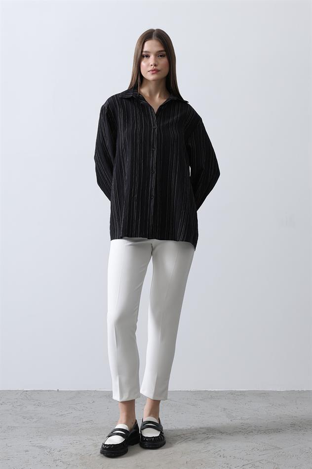 Çizgili İnce Gömlek - Siyah