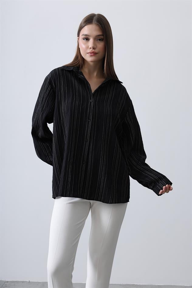 Çizgili İnce Gömlek - Siyah