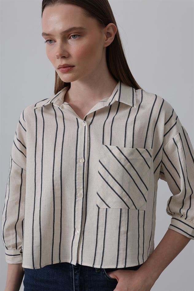 Çizgili Kısa Gömlek - Bej-Lacivert