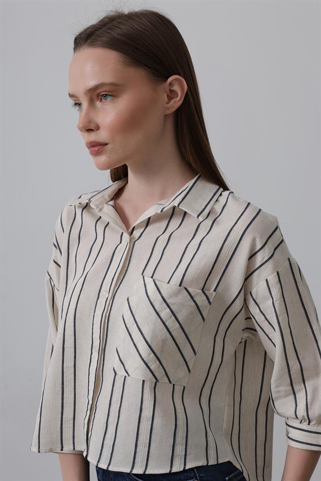 Çizgili Kısa Gömlek - Bej-Lacivert