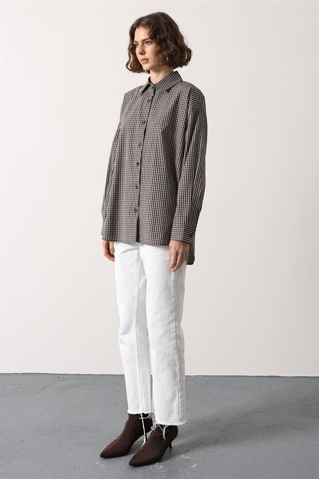 ÇİZGİLİ OVERSİZE GÖMLEK - Açık Kahve