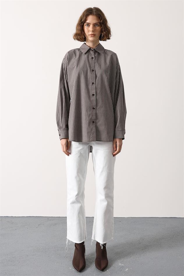 ÇİZGİLİ OVERSİZE GÖMLEK - Açık Kahve