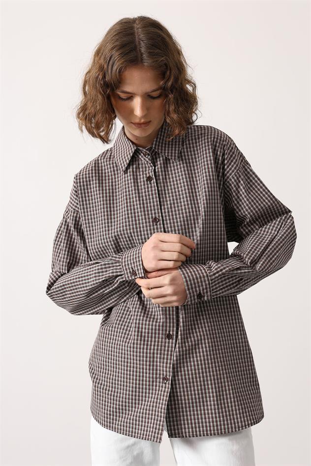 ÇİZGİLİ OVERSİZE GÖMLEK - Açık Kahve