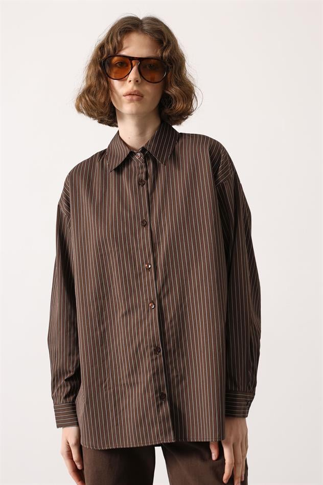 ÇİZGİLİ OVERSİZE GÖMLEK - Koyu Kahve