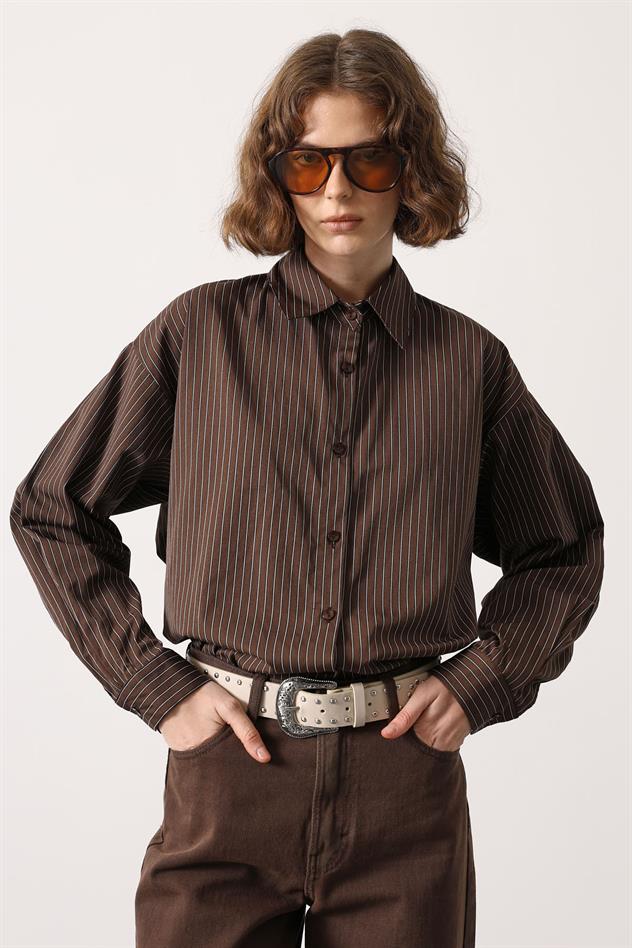 ÇİZGİLİ OVERSİZE GÖMLEK - Koyu Kahve