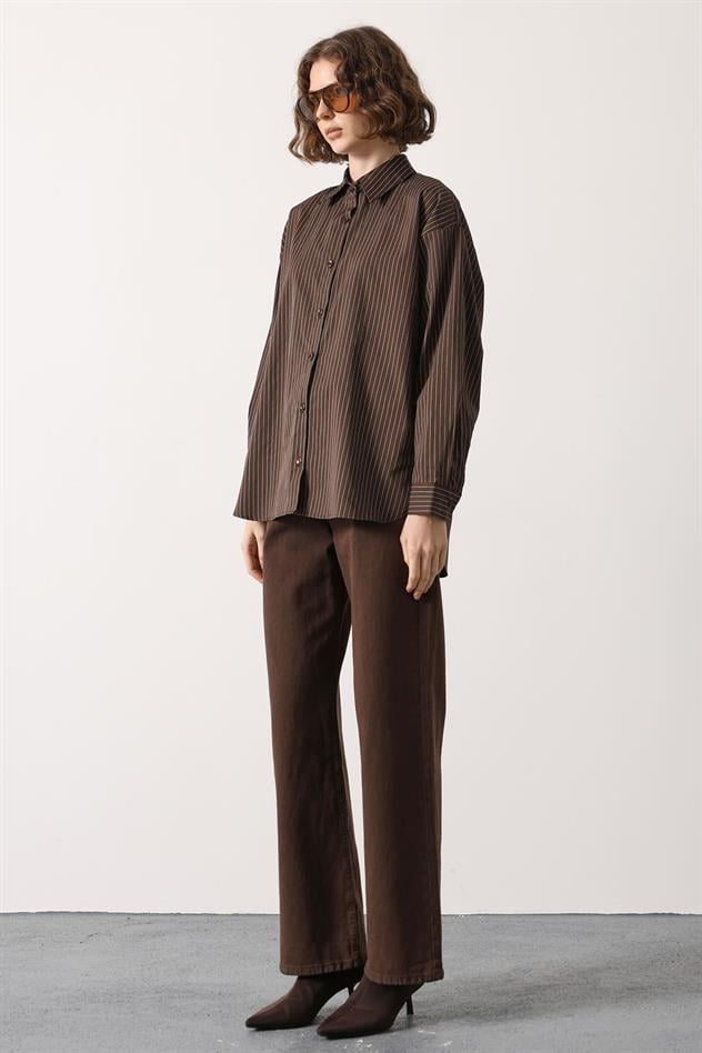 ÇİZGİLİ OVERSİZE GÖMLEK - Koyu Kahve