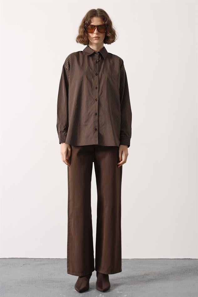 ÇİZGİLİ OVERSİZE GÖMLEK - Koyu Kahve