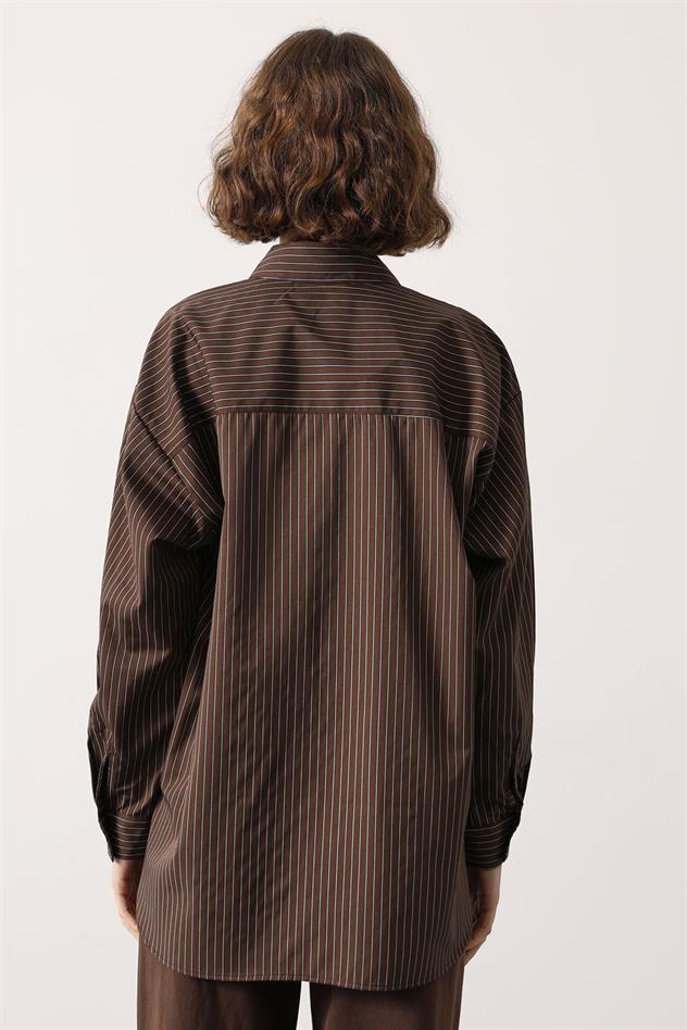 ÇİZGİLİ OVERSİZE GÖMLEK - Koyu Kahve