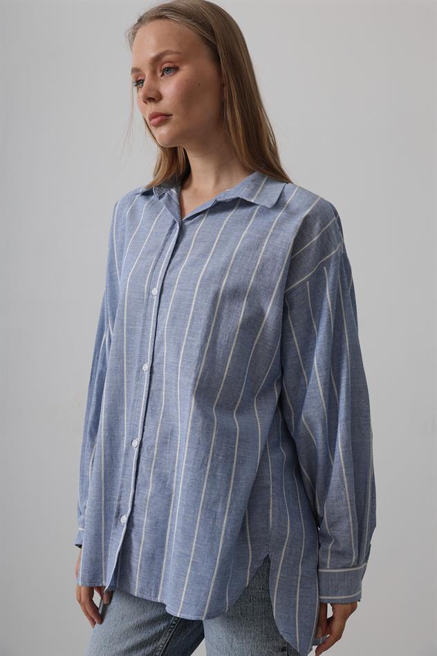 Çizgili Tunik Gömlek - Mavi Desen 1