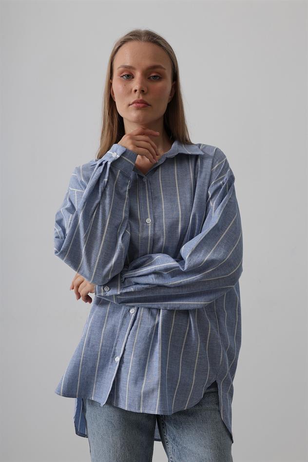 Çizgili Tunik Gömlek - Mavi Desen 1