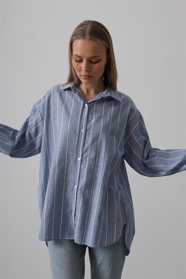 Çizgili Tunik Gömlek - Mavi Desen 1