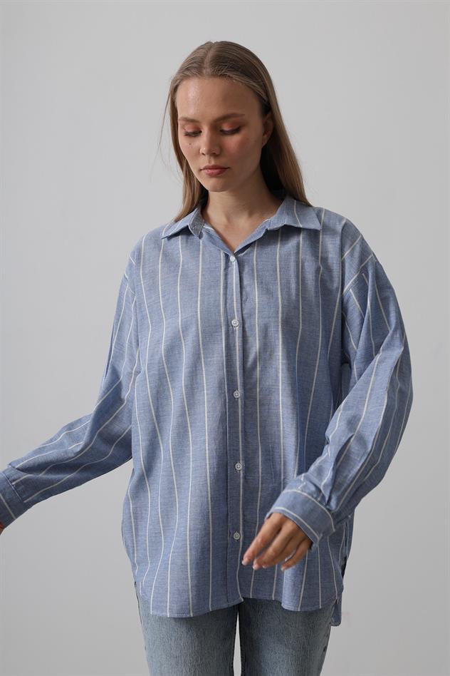 Çizgili Tunik Gömlek - Mavi Desen 1