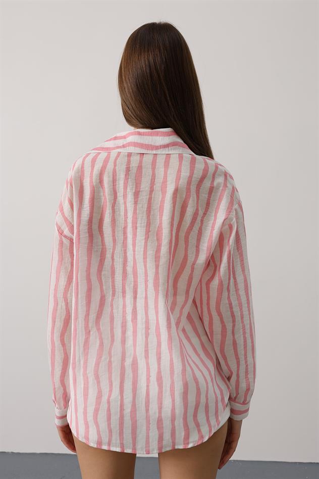 CİZGİLİ UZUN KOL MANGO GÖMLEK - Pembe
