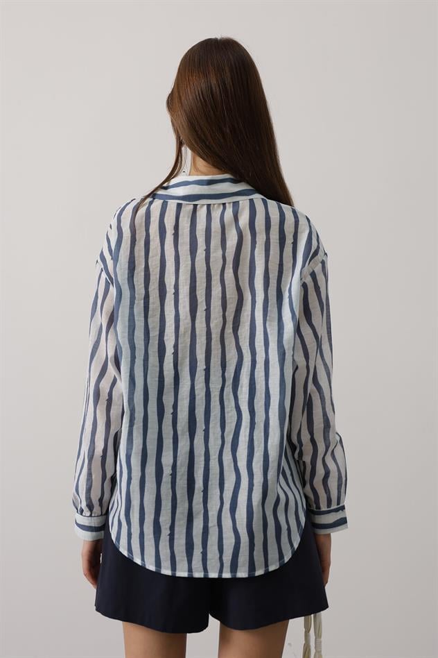CİZGİLİ UZUN KOL MANGO GÖMLEK - Saks