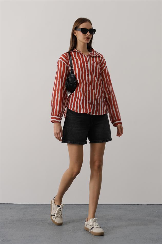 CİZGİLİ UZUN KOL MANGO GÖMLEK - Kırmızı