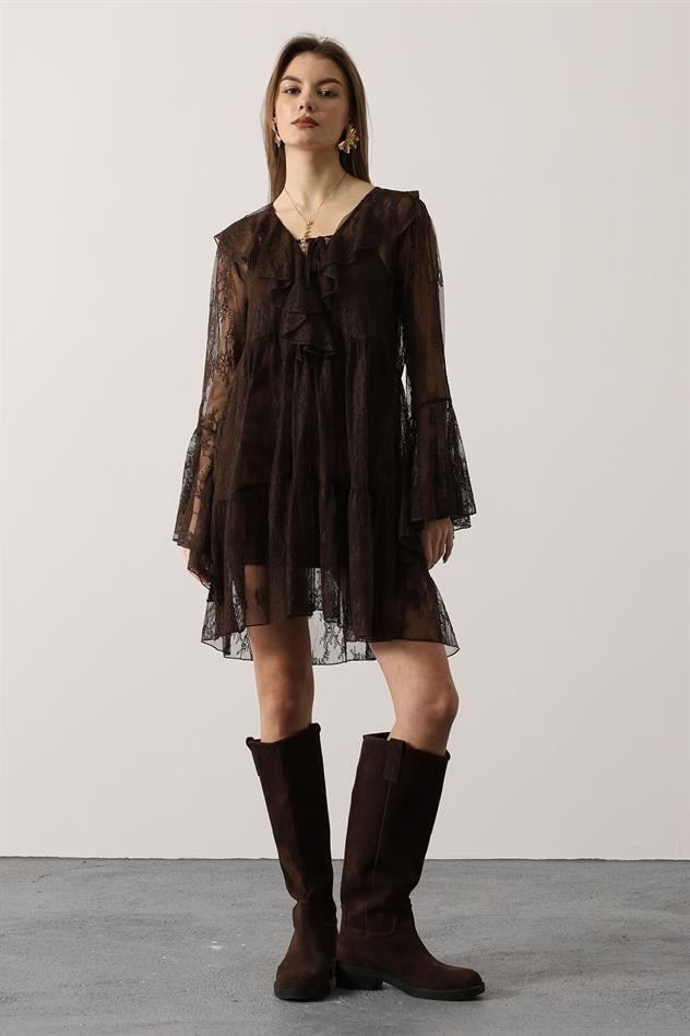 DANTEL ELBİSE - Kahve